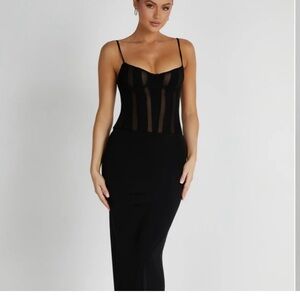 Meshki  black Priya Panelled mesh evening party dress with spaghetti straps L